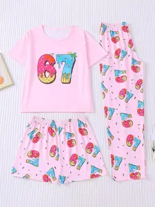 3-piece children's foundation make-up ice cream 67 pattern printed short sleeved shorts trousers soft comfortable round neck design elastic waist head home casual children's pajamas set Toddler Pjs
