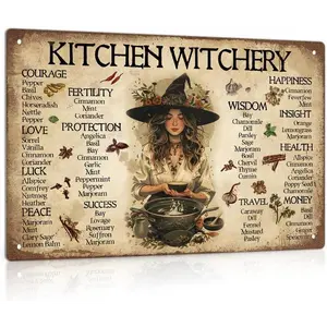 "Kitchen Witchery" Vintage Tin Sign - 8x12 in Size, Hanging Retro Witch Herb Wall Art, Decorative Rustic Home Decor for Kitchen, Pagan Wicca Enthusiasts summerwins