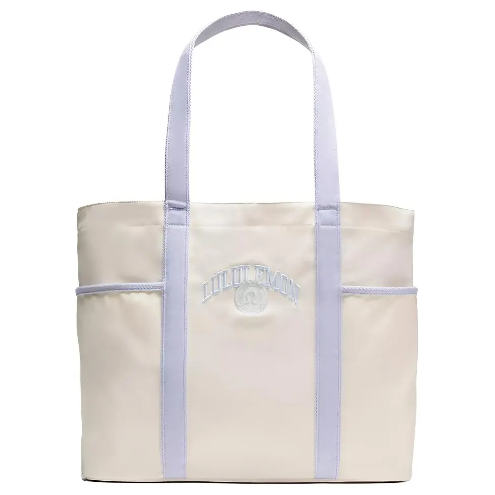 Lululemon Women's 20L Multi-Pocket Canvas Tote Bag, Purple and White, Fashionable Multi-Functional Daily Commuting Purse, Lightweight Shopping Bag
