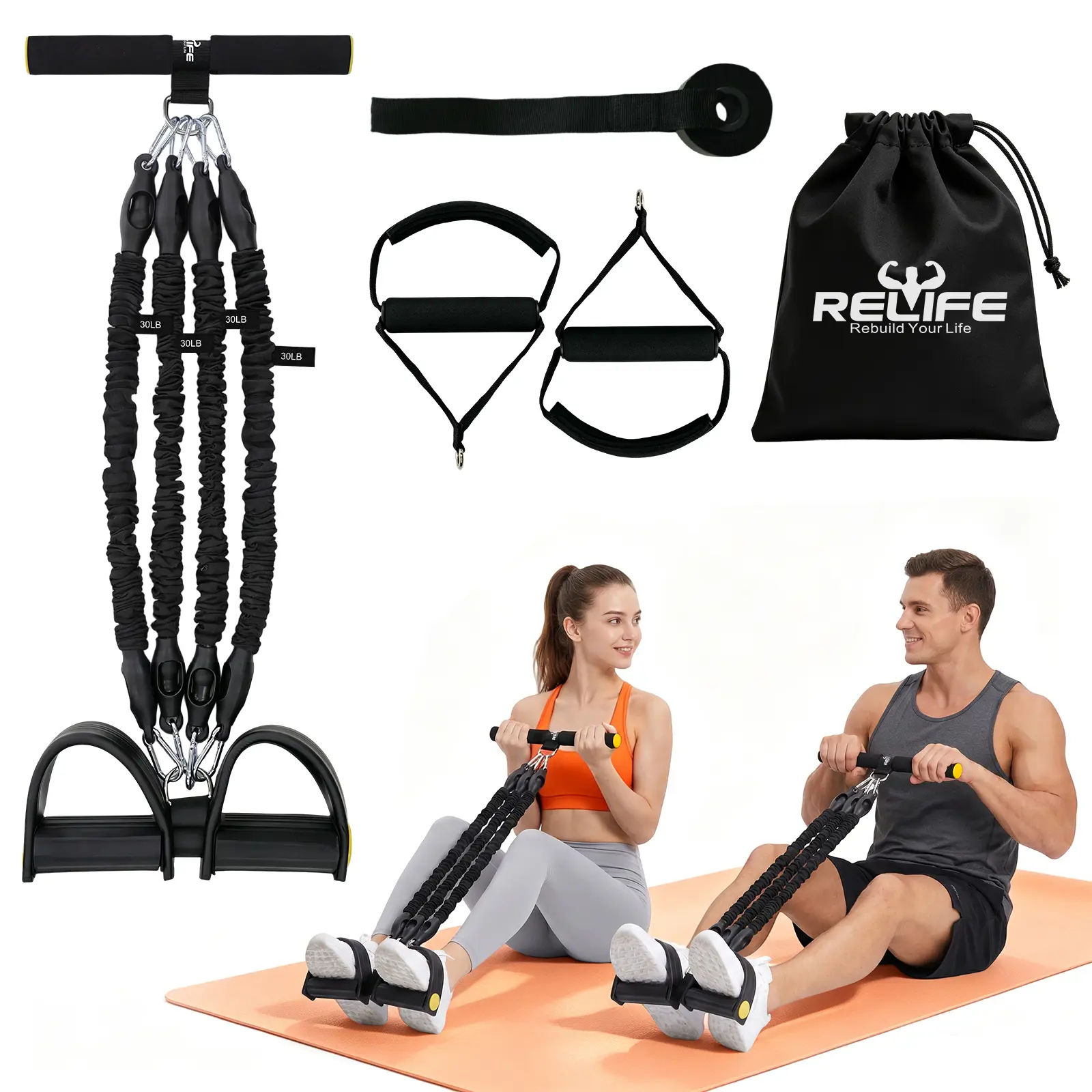 RELIFESPORTS Pedal Resistance Band Set, Adjustable Natural Latex Home Workout Band for Full Body Muscle Training, Portable Exercise Fitness Equipment for Beginners, Yoga & Pilates, Muscle Training Band