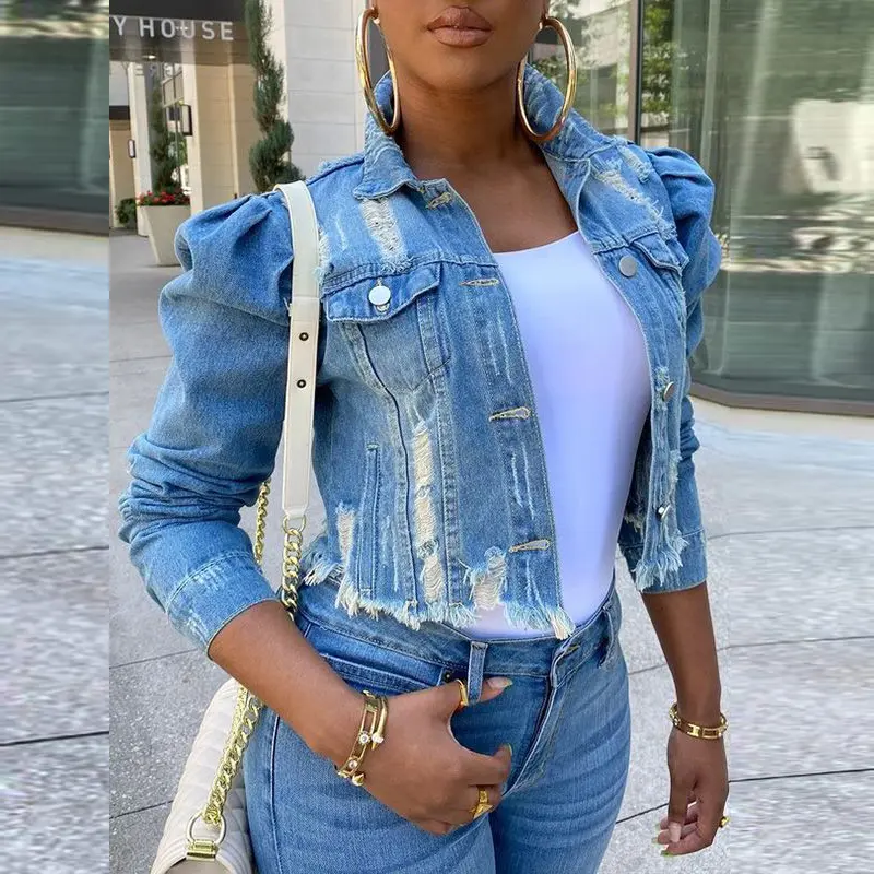 MOTIONKILLER Women's Fitted Solid Denim Coats, Long Sleeve Outerwear with Puff Shoulders and Distressed Fabric, Basic, Longsleeves