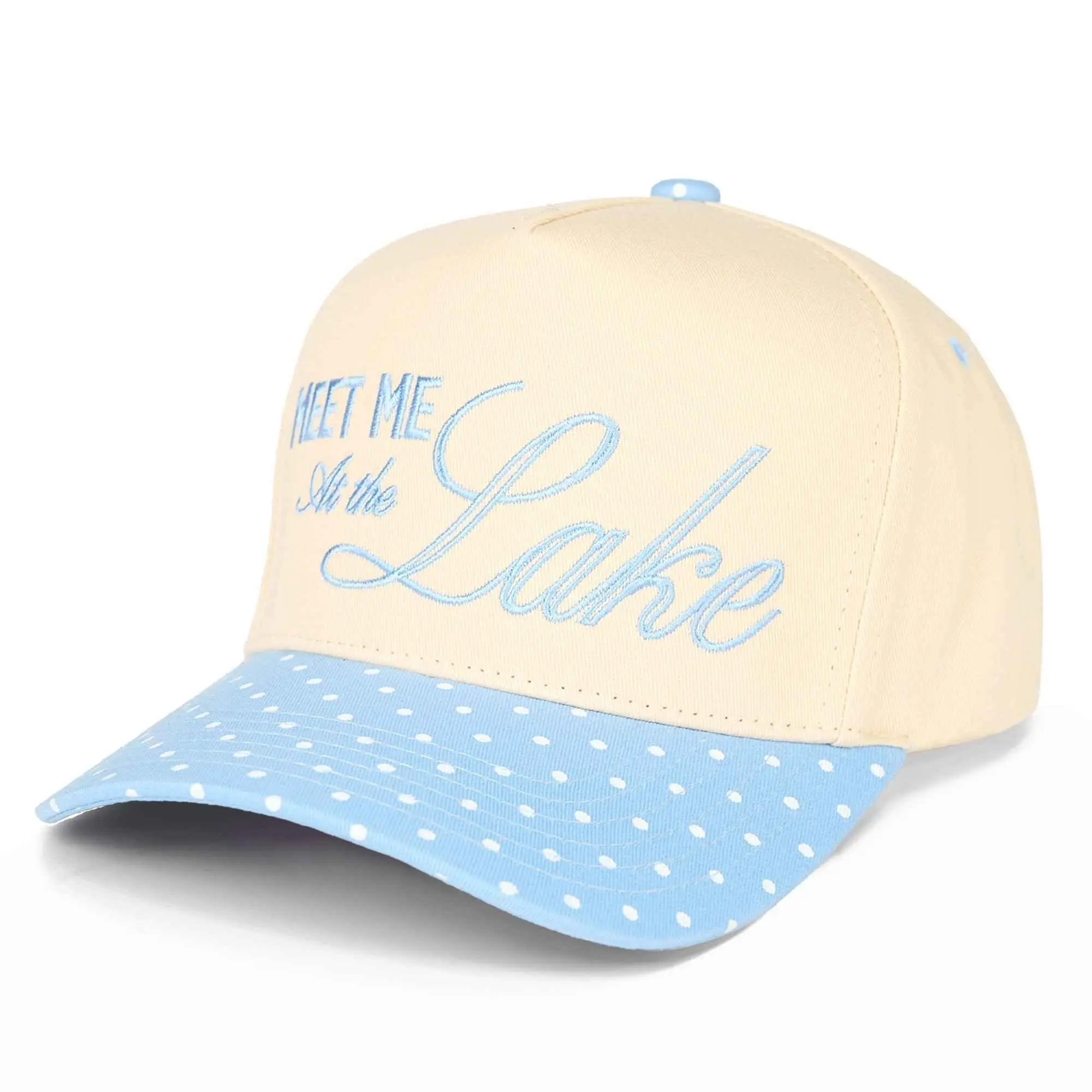 Women's "Meet Me At the Lake" Polka Dot Flat Bill Hat, Custom Slogan Hat, Fashion Clothing Accessory, Custom Slogan Hats
