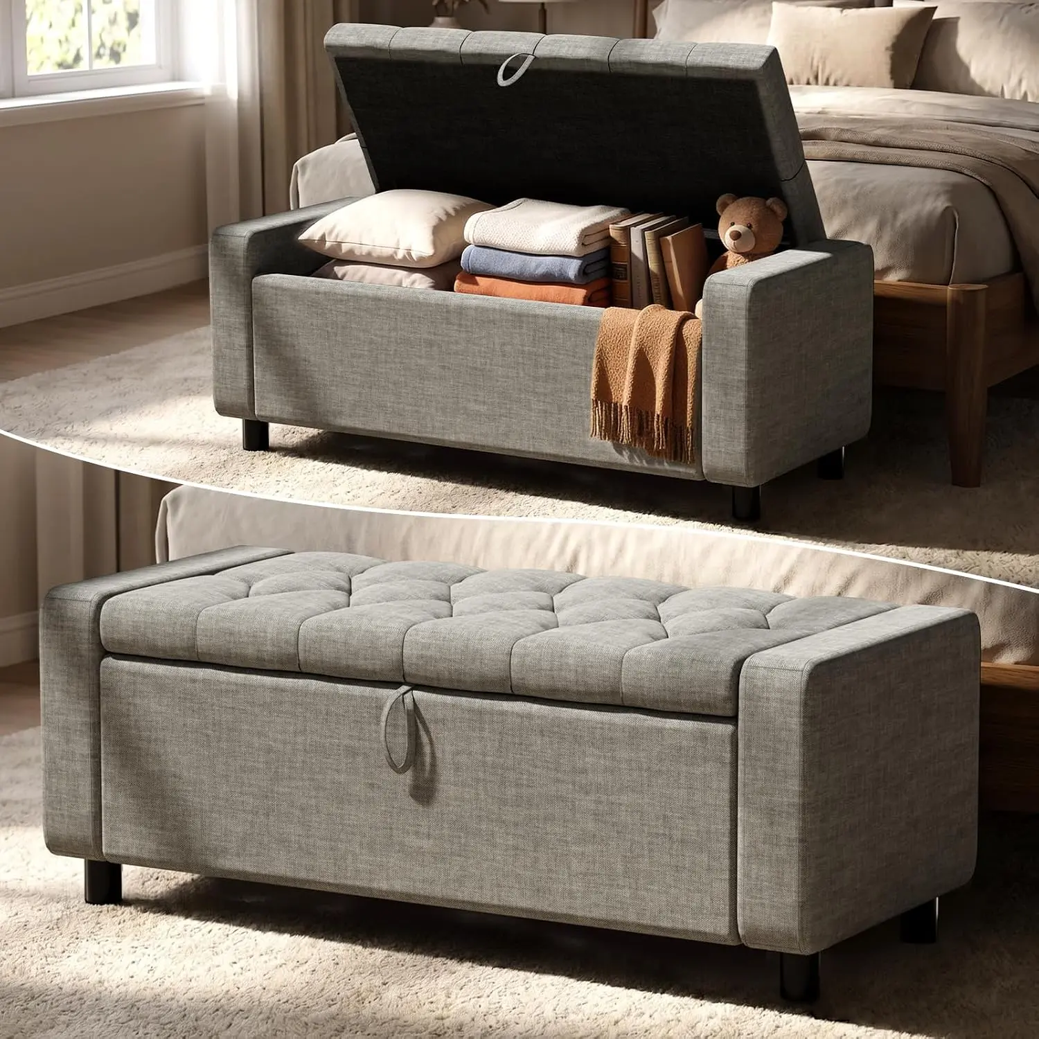 46" Modern Rectangular Linen Tufted Storage Ottoman Bench with Handles, Soft-Close Hinged Lid, 350 lbs Load Capacity for Blankets, Toys; Bedroom, Nursery End of Bed/Entryway Bench