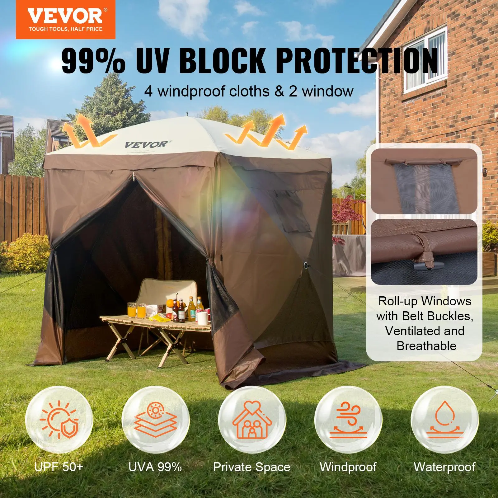 【Summerfinds】VEVOR Pop Up Gazebo Tent, Pop-Up Screen Tent 4 Sided Canopy Sun Shelter with 4 Removable Privacy Wind Cloths & Mesh Windows, 6x6FT Quick Set Screen Tent with Mosquito Netting, Brown