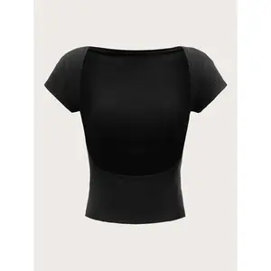 Women's solid color backless boat neck T-shirt, summer casual hat sleeve fashionable T-shirt, women's daily wearRAIMENTRY