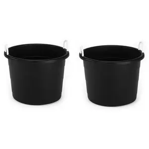 Homz 18 Gal Plastic Utility Storage Bucket Tub w/ Rope Handles, Black, (2 Pack)