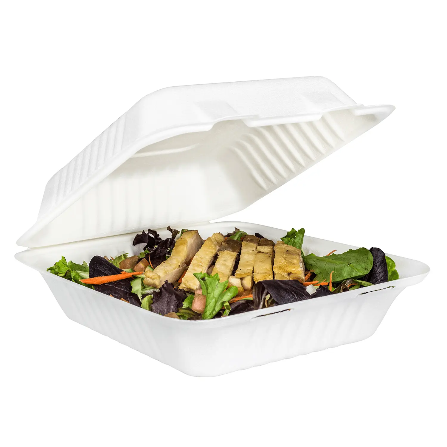 Karat Earth 8''x8'' PFAS Free Compostable Bagasse Hinged Containers, White - 200 pcs