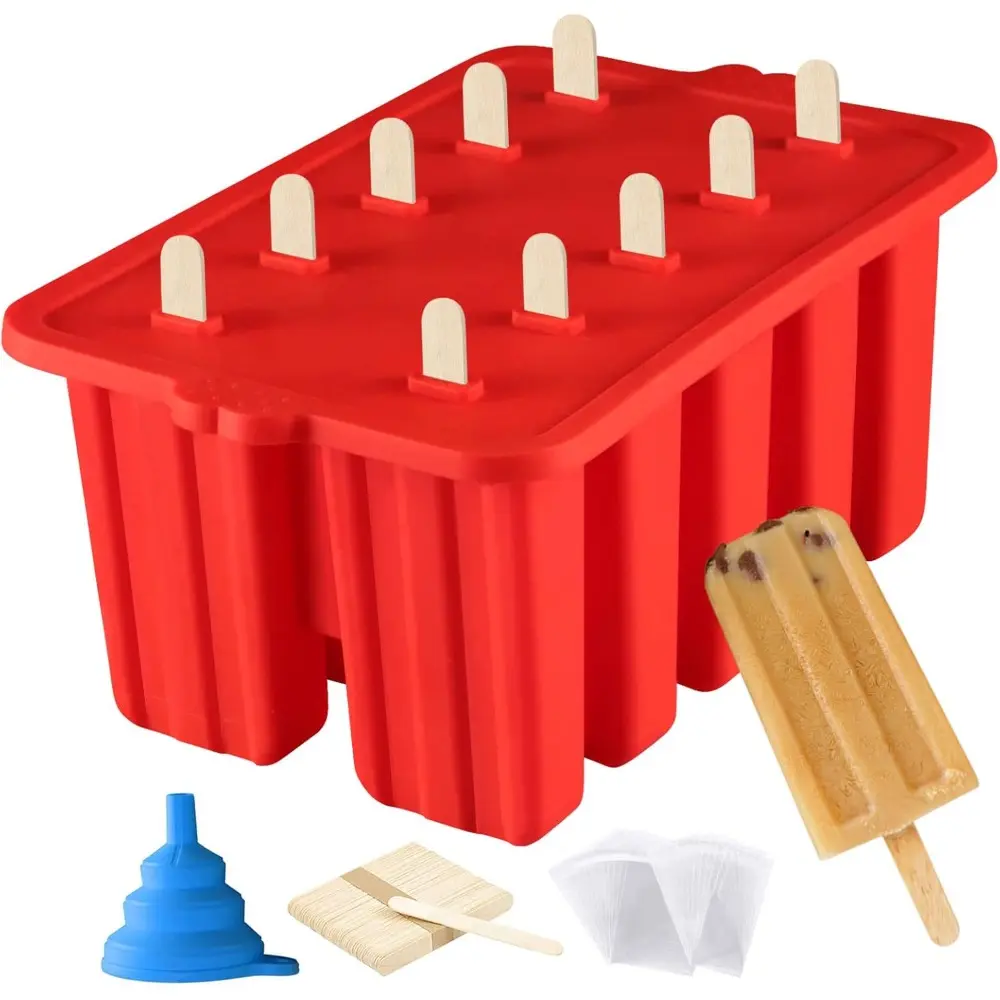 Red 10-Cavity Flexible Cone-Shaped Reusable Silicone Popsicle Molds - BPA-Free Kitchen Utensil Set with Sticks, Funnel, Dishwasher Safe, Easy Release for Homemade Popsicles