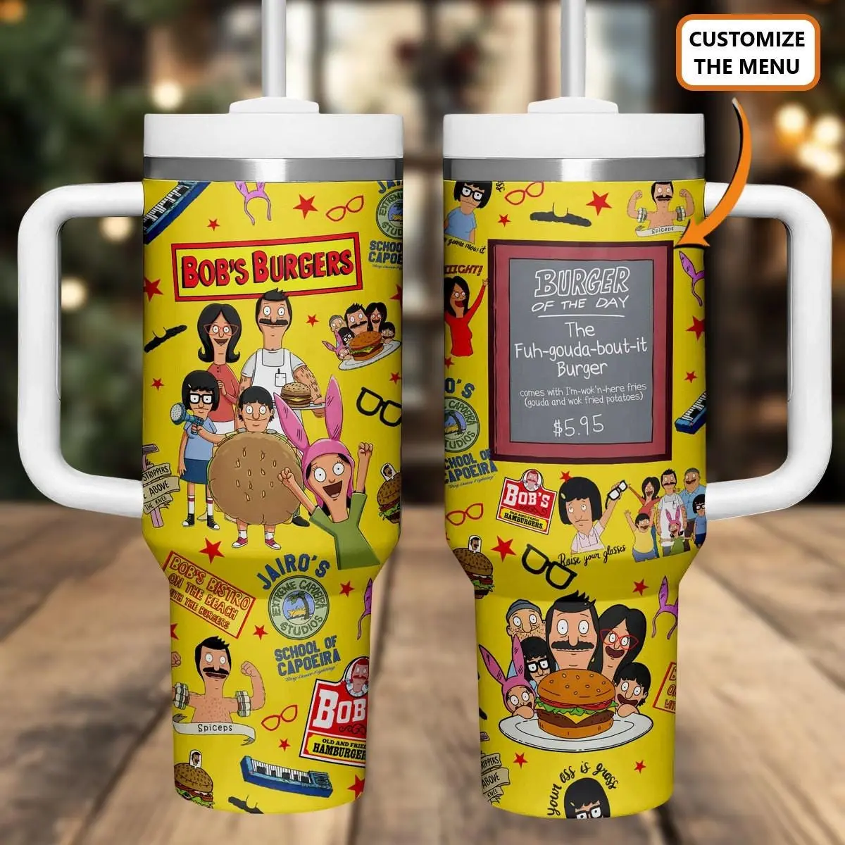 Bob’s Burgers 40oz Wide-Mouth Stainless Steel Insulated Vacuum Flask Tumbler - 7-12 Hours Insulation, Convenient Handle, Cartoon Family Design, Custom Burger Menu Print, Lid-Included, Back-to-School Kitchen Drinkware, Thanksgiving Perfect Gift Choice, Bac