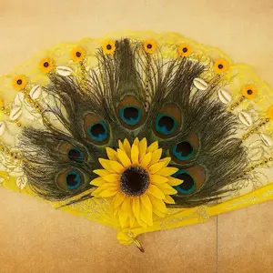 Handcrafted Osun Fan with Peacock Feathers & Sunflowers - Orisha Worship & Spiritual Accessory for Decorative Use