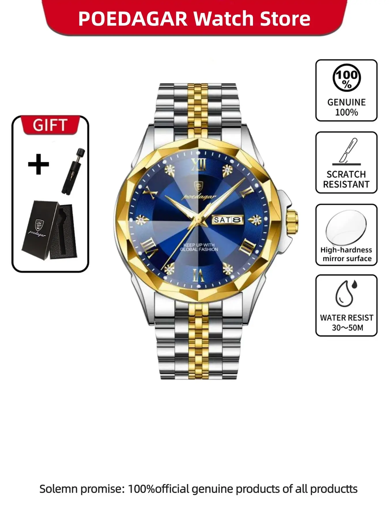 POEDAGAR casual men's watch waterproof night light date week business men's watch stainless steel quartz fashion men's watch Exquisite watch Trendy Exquisite watch Fashionable Waterproof Watch