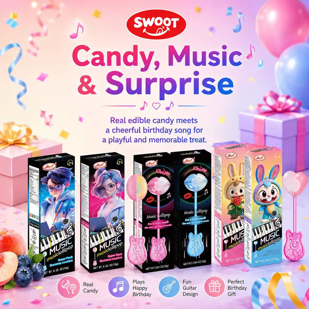 SWOOT Music Lollipop Candy, Audio Singing Lollipop, Unique Gift, Individually Wrapped Natural Strawberry Flavor (2 Pack)