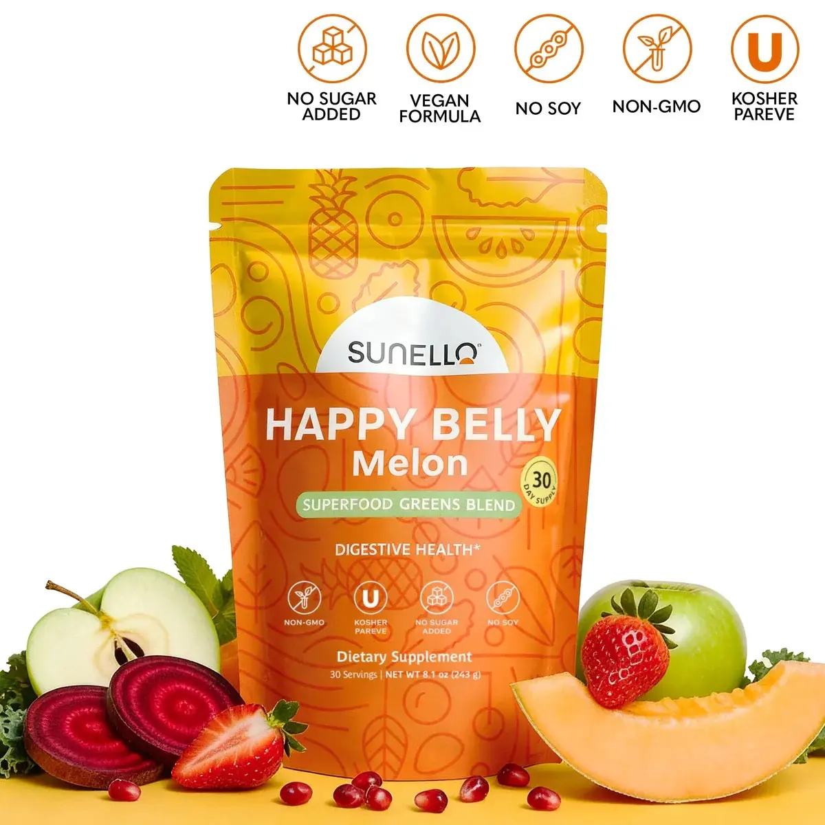Sunello Happy Belly – Digestive Support Natural Fiber Supplement – Melon – for Gut Health & Digestion | Kosher Pareve, Vegan, Plant Based, Non-GMO, No Added Sugars