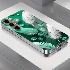 New mobile phone case Green feather gem fresh wallpaper pattern New electroplated glass is suitable for Samsung S25, S24, S23, S22, S21, S20, NOTE20, NOTE10, A55, A54, A53, A52, A36, A35, A33,special glass mobile phone case, anti-fouling, fashion, trend