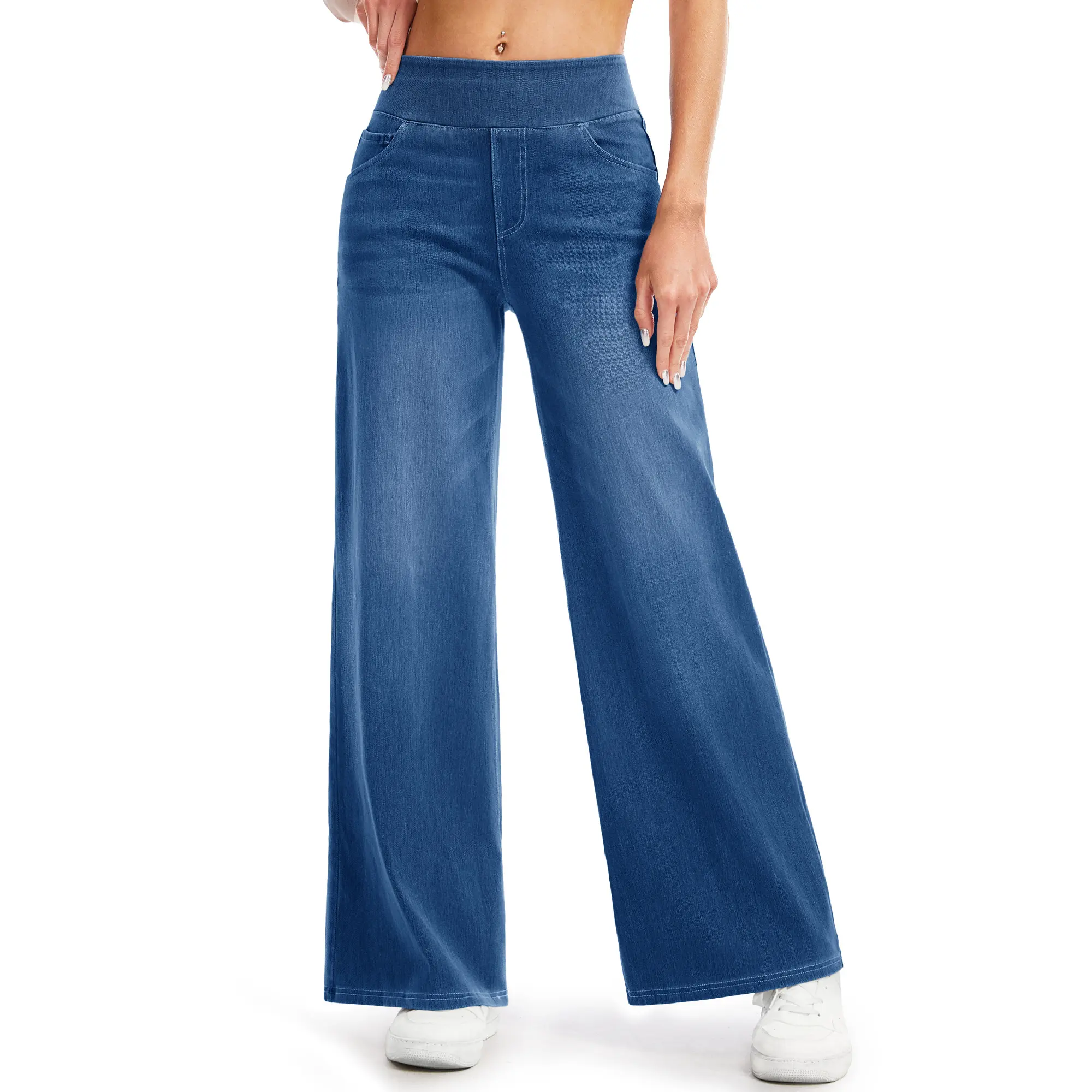 MAGCOMSEN Wide Leg Stretchy Jeans for Women Loose Fit Elastic High Waist Pants Pull On Baggy Fit Jeans Tummy Control Trousers Casual Work Wear FallFreshness Outdoorfun Bottoms Fathersdaygift Functional Pockets