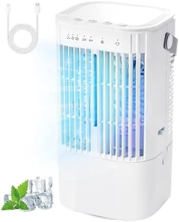 Portable 4-in-1 Evaporative Air Cooler Mini AC Unit with 1000ml Water Tank, USB Personal Cooling Fan, 3 Speeds, LED Light for Bedroom, Office Desk