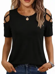 Women's Plain Short Sleeve Off-Shoulder Tie Fitted Top, Sexy Style, Pure Color, Perfect for Casual Wear, Comfortable and Stylish, Womenswear