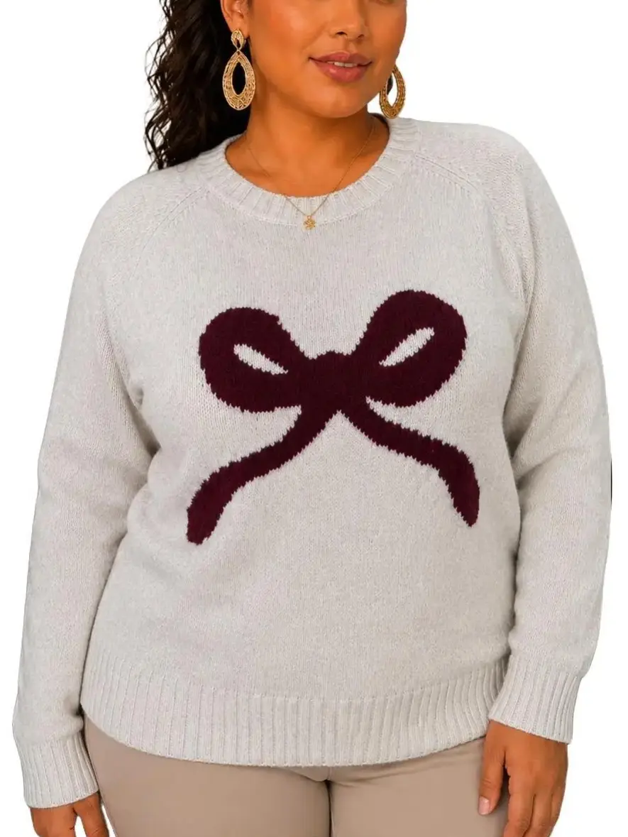 Women’s Plus Size Ribbed Knit Longsleeves Pullover - Soft Polyester Fabric, Fuzzy Burgundy Bow, Medium-Length Casual Daily Top