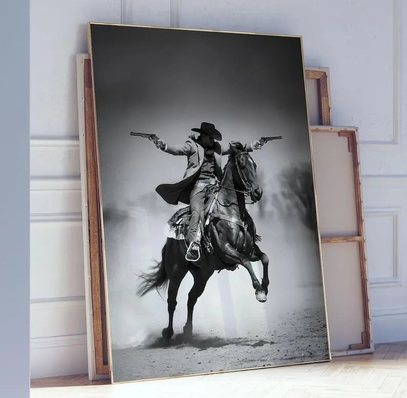 Vintage cowboy outlaw shootout print, vintage western wall art, wild west wall decor, Texas horseman poster, western Americana print