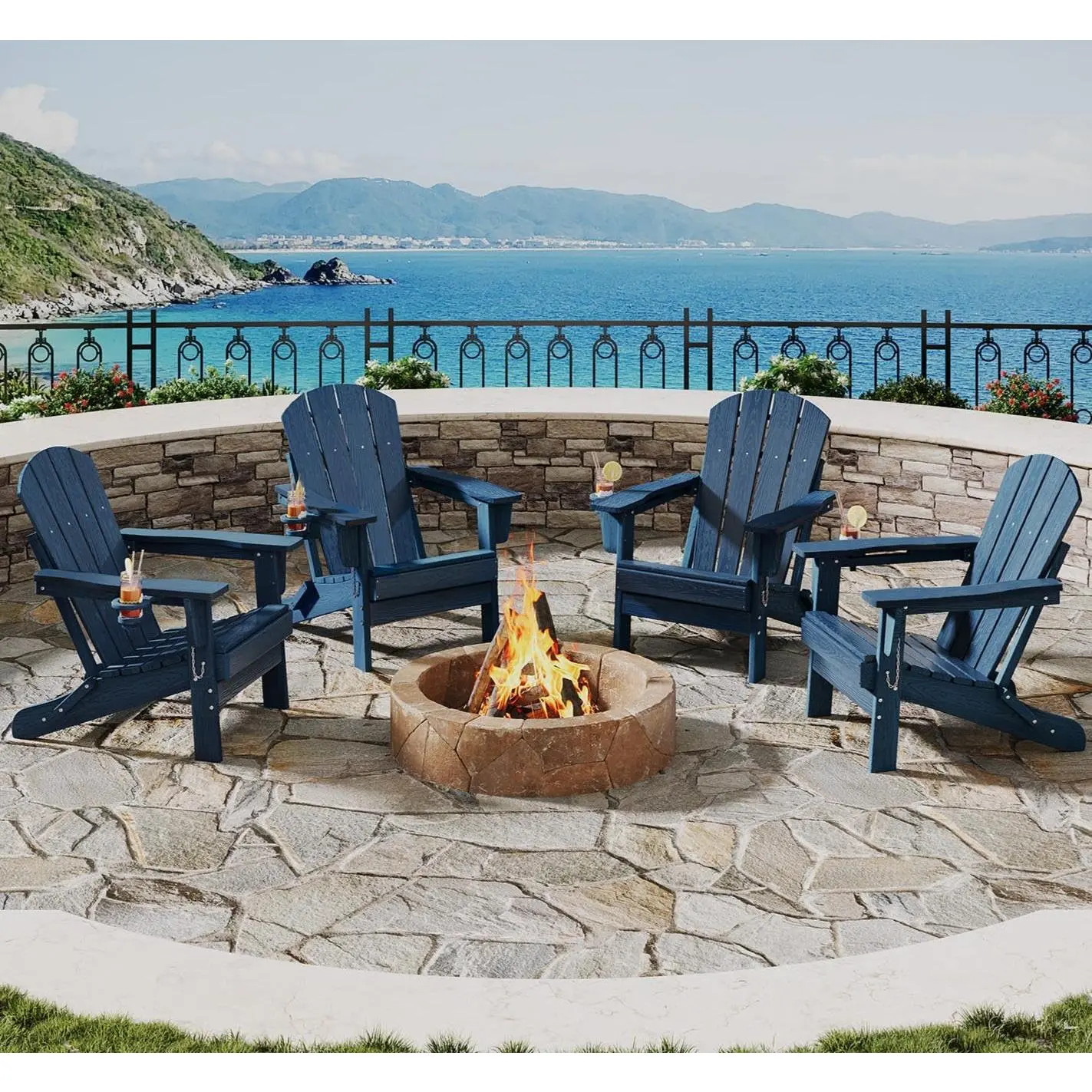 GAOMON 4-Piece Folding Adirondack Chair Set, All-Weather HDPE Plastic Outdoor Patio Chair with Wood Grain, Cup Holders, Wide Arms for Decks, Fire Pits, Navy Blue