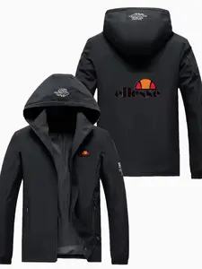 Men's Lightweight Polyester Fashion Hooded Jacket, Ellesse Letter Print, Full Zipper Front, Casual Outdoor Spring Summer Coat
