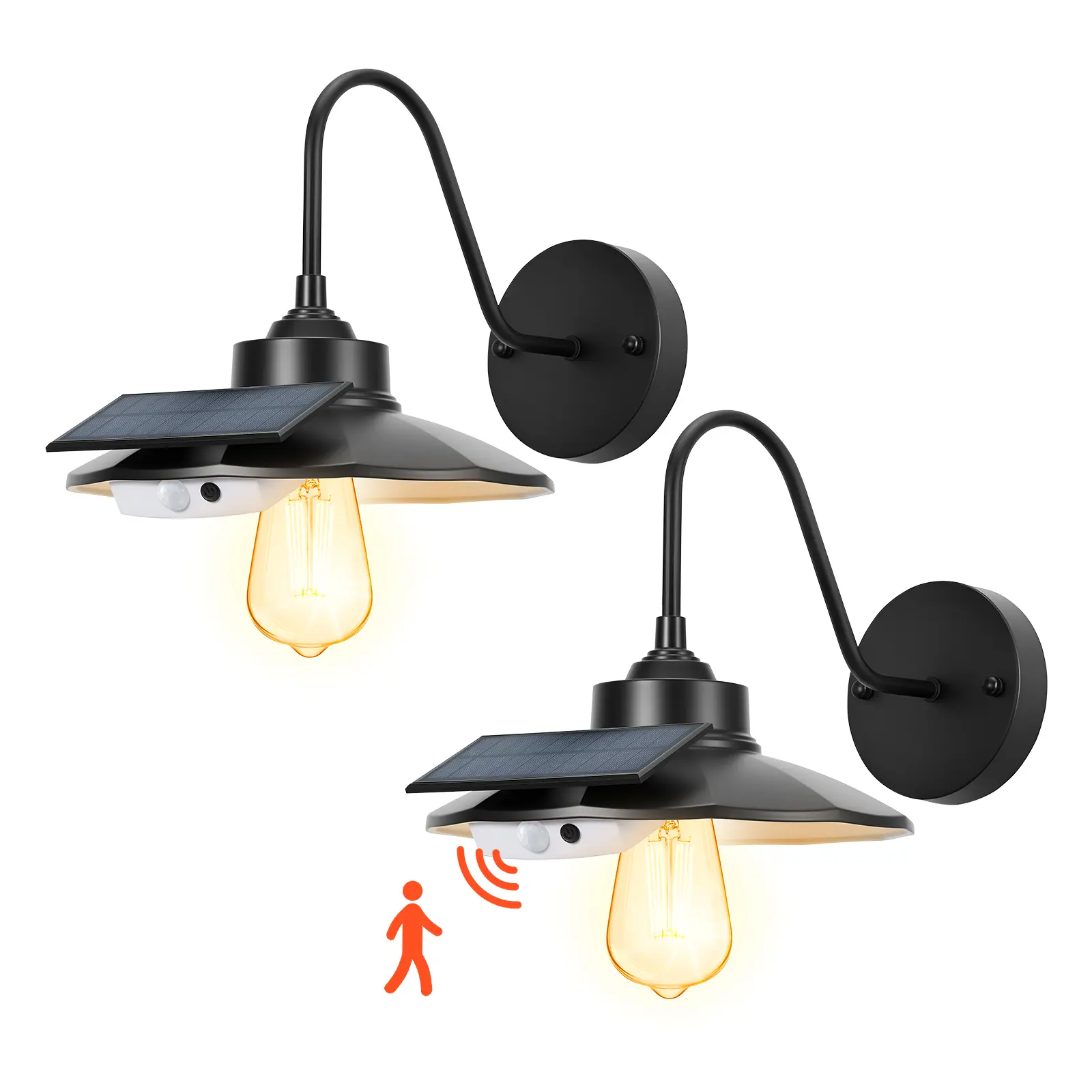 【Summerfinds】VEVOR 4W Solar LED Patio Wall Sconces 2-Pack, Gooseneck LED Lights with 3 Lighting Modes, Motion Sensor, E27 Bulb Compatibility, Water Resistant, for Porch, Garage