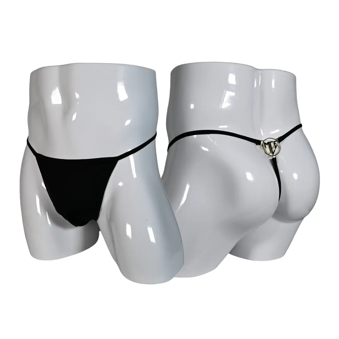 black MCE gold logo G string thong