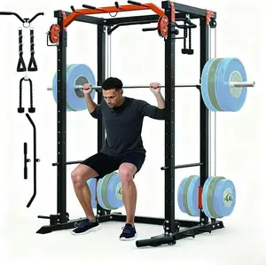 Garvee 2000LBS Power Cage Squat Rack with Lat Pulldown, Home Gym Power Rack with Cable Crossover System, Smith Machine Strength Training Equipment for Full Body Workout