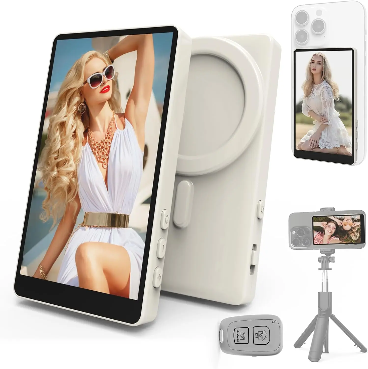 Vamvo Magnetic Selfie Monitor Screen Accessory for Mobile Phones - 1080P Wireless Screen Mirroring, Remote Control, Video Recording, EU Type, Multi-OS Compatibility, Android/iOS, Box, Non-Waterproof (White) for Content Creators
