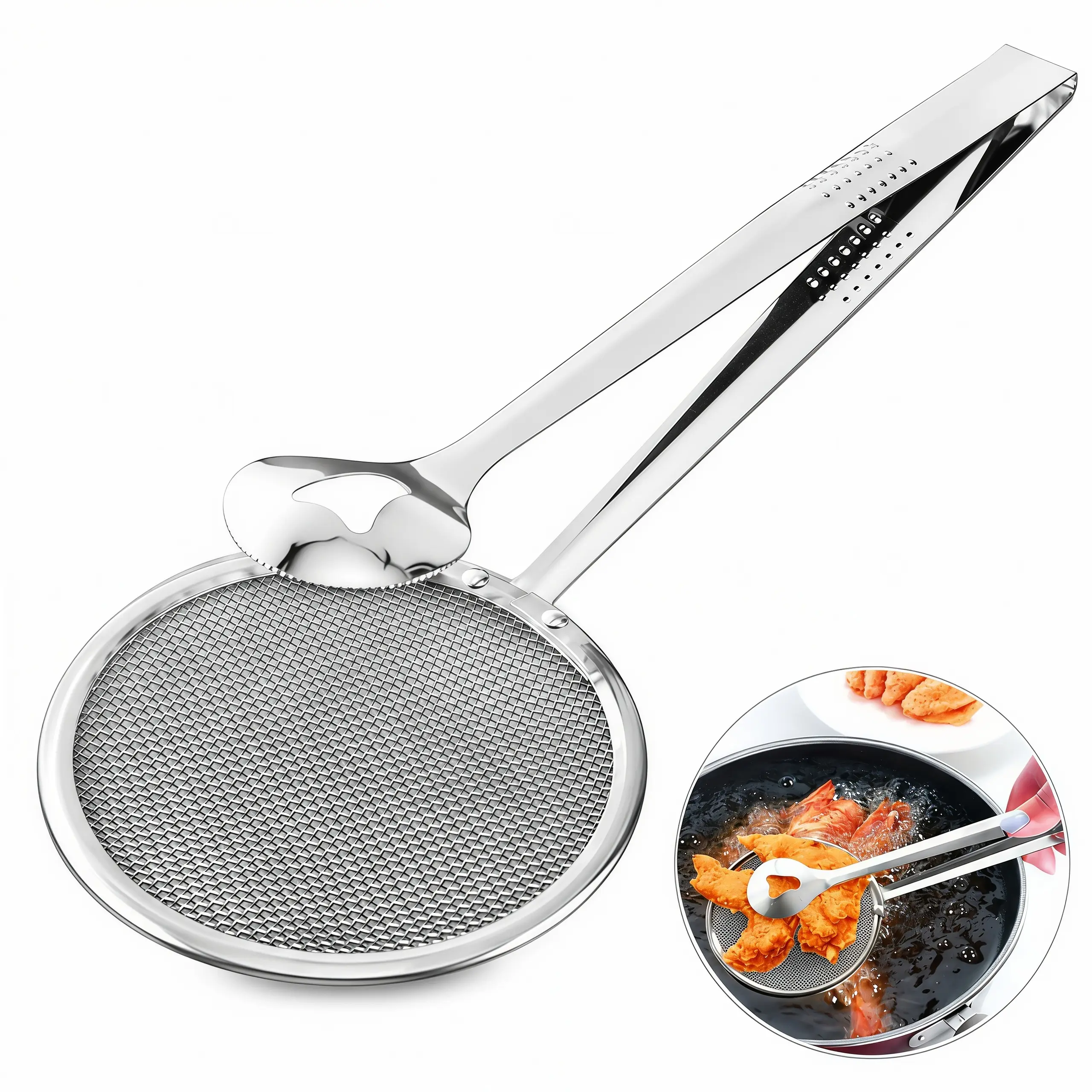 2-in-1 Stainless Steel Strainer Clip, Multi-function Fine Mesh Skimmer, High Temperature Resistant Kitchen Gadget, Dual Use for Food Gripping & Filtering, Great for Deep Frying, Hot Pot, Dumplings, Noodles & Oil Filter