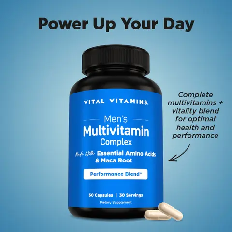Men’s Multivitamin Performance Blend - with Maca Root, Essential Amino Acids, Ginseng & Saw Palmetto - Daily Energy, Stamina, & Performance Support - 60 Capsules