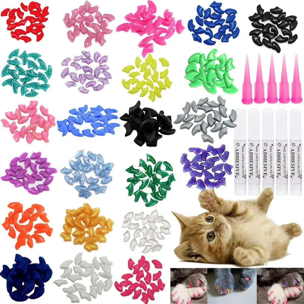 Cat Plastic Nail Caps & Claw Covers Bulk Pack - 100 Pieces, 5 Colors, Multi-Size for Large/Extra Small Kittens, Reduces Scratching, Protects Claws, Includes Glue & Applicators, All Seasons Use, Plastic Caps