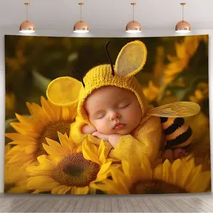 1pc Baby Bee Costume Sunflower Backdrop Banner - Adorable Infant in Bee Outfit with Vibrant Yellow Sunflowers, Perfect for Birthday Parties, Weddings, and Festive Home Decor, Indoor/Outdoor Use, Polyester Material, Bee Decor