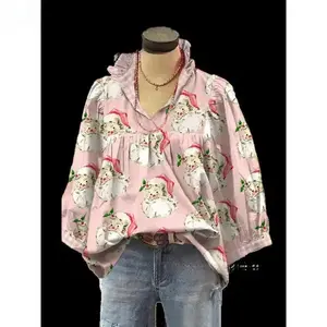 Christmas Santa Print Ruffle V-neck Long Sleeve Blouse Women's Top with Festive Design and Comfortable Fit Pink Color Elegance Fall Outfits Women Going outfits