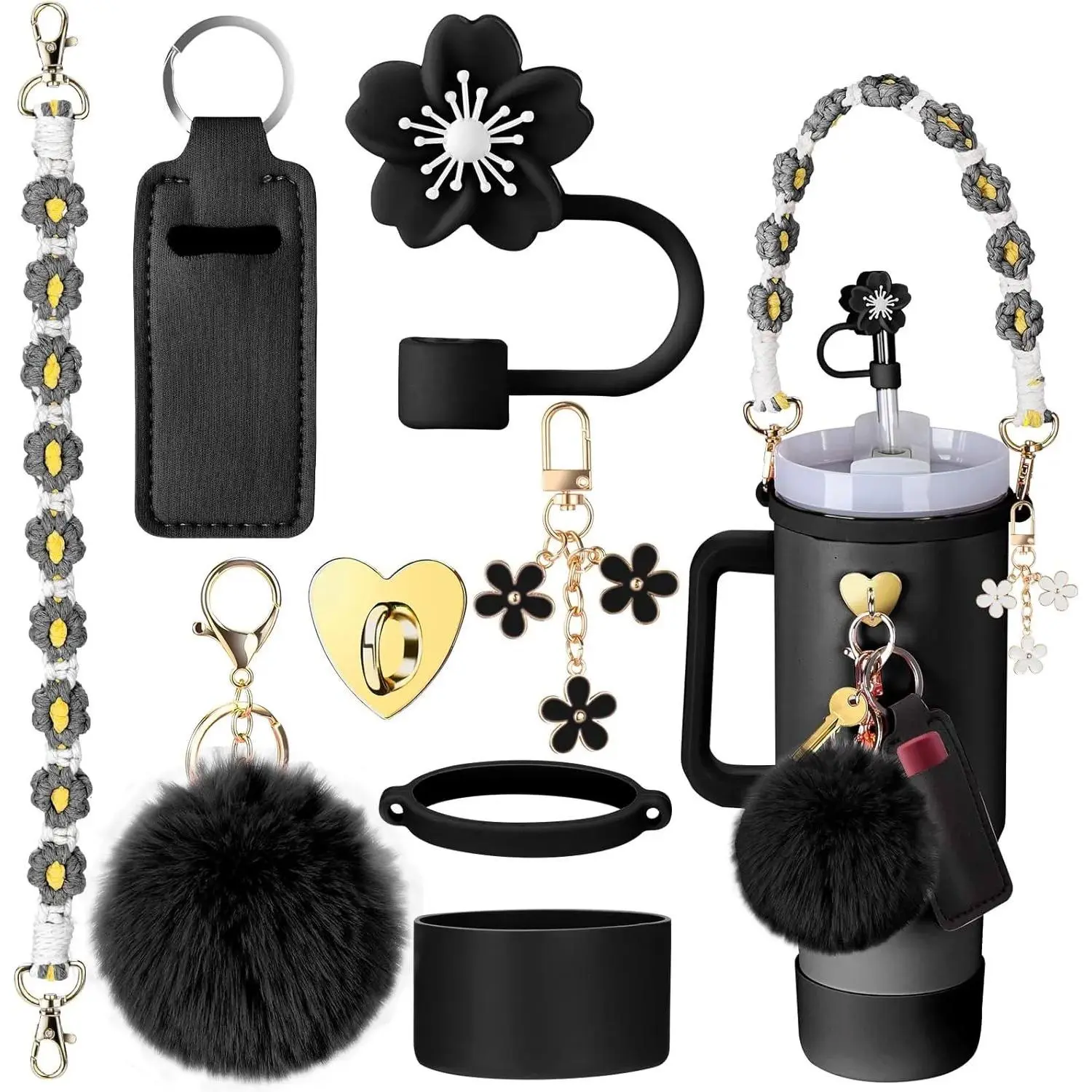 Cup Accessories for Stanley Cup 30oz 40oz Tumbler with Handle, Including Water Bottle Handle Strap, Chapstick Holder, Boot, Keychain Charms, Straw Topper Cover Cap for Stanley (Black)