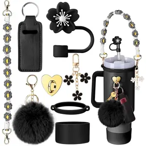 Cup Accessories for Stanley Cup 30oz 40oz Tumbler with Handle, Including Water Bottle Handle Strap, Chapstick Holder, Boot, Keychain Charms, Straw Topper Cover Cap for Stanley (Black)