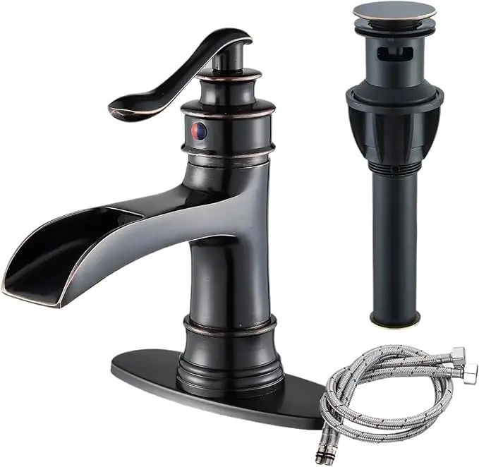 Brass Body Waterfall Bathroom Faucet - Single Handle Lavatory Tap, Lead-Free Anti-Corrosion Industrial Rustic Farmhouse Vanity Tap, Hot & Cold, 1/3 Hole Deck Plate, Drain Included, Household Use, Hose Attachment Option, Brushed Nickel/Oil Rubbed Bronze