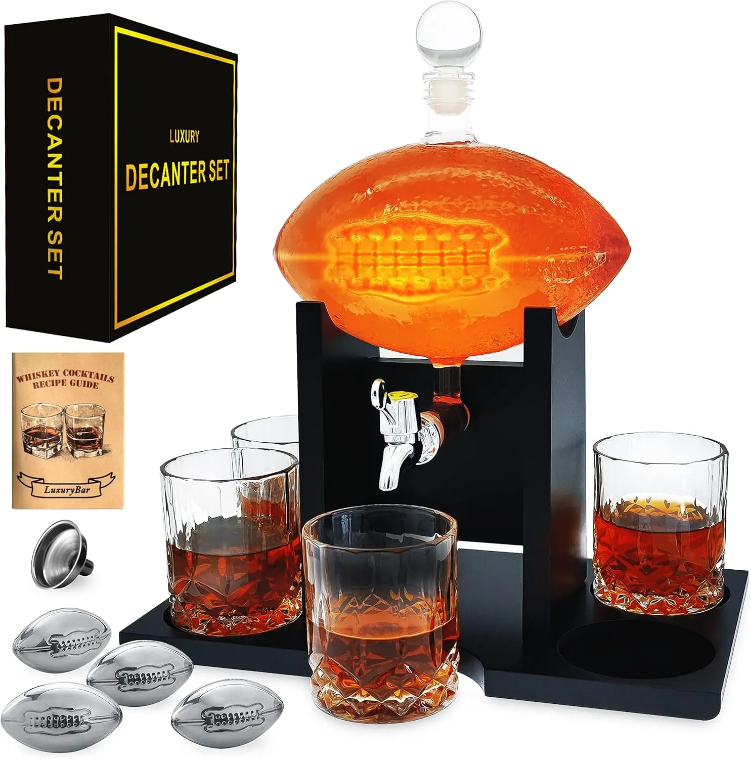 Luxury Bar Glass Whisky Decanter Set - 47oz Decanter with Stainless Steel Spout, 4 Wood Chillers, Tray, Utensils, Dispenser, Bar Kitchenware Gift for Dad, Boyfriend, Bar Decanter Drainers