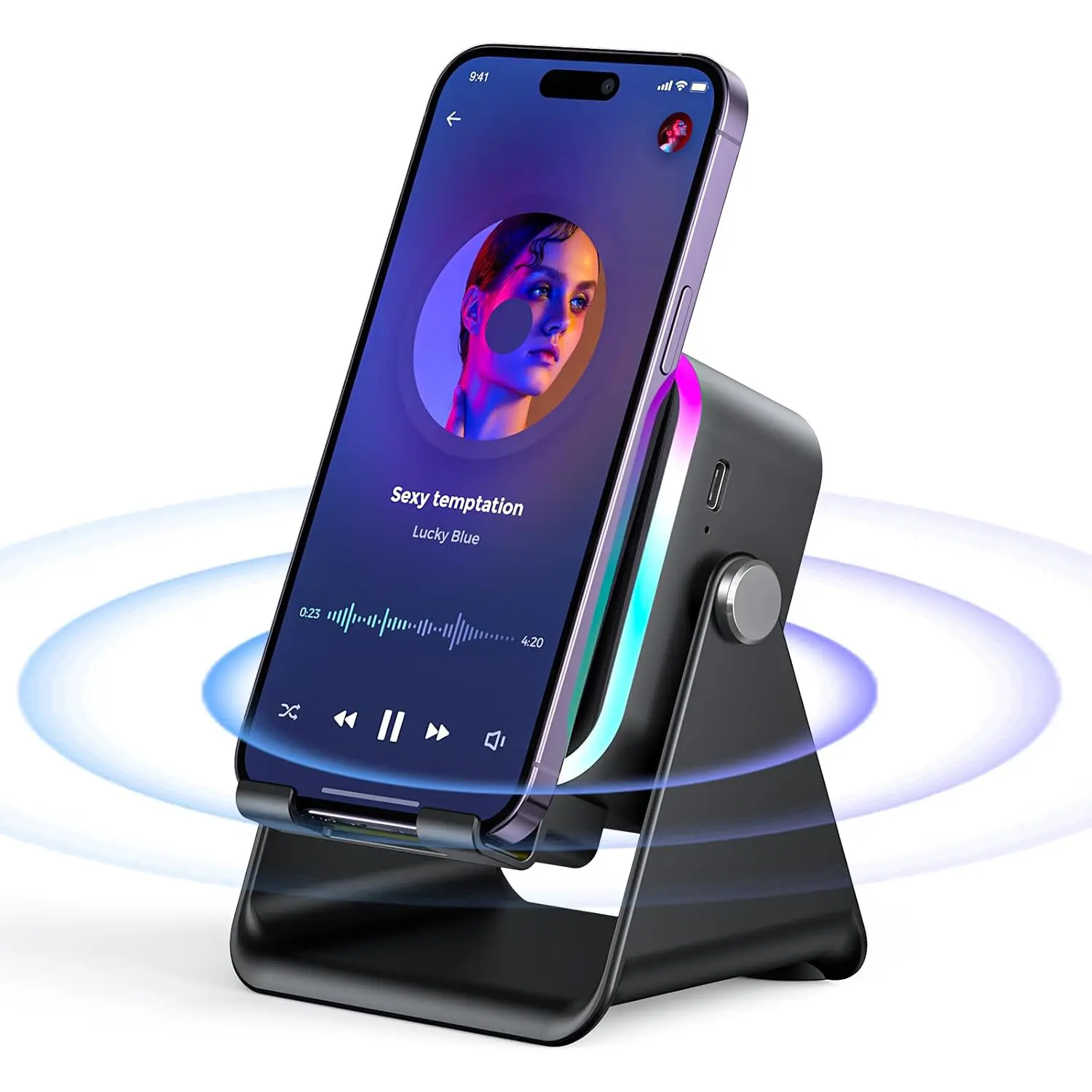 Creative 5-in-1 Tech Gift: Induction Audio Speaker Phone Stand, 3500mAh Power Bank, RGB Light Adjustable Desktop Dock