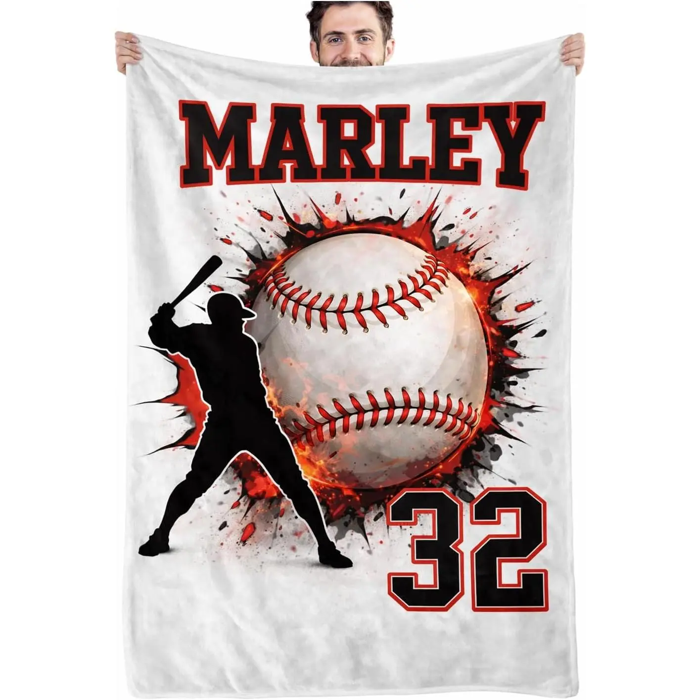 Personalized Baseball Blanket - Custom Name & Number, Baseball Player Silhouette, Crack Through Baseball Design, Soft Cozy Throw for Sports Fans, for Baseball Lovers/4
