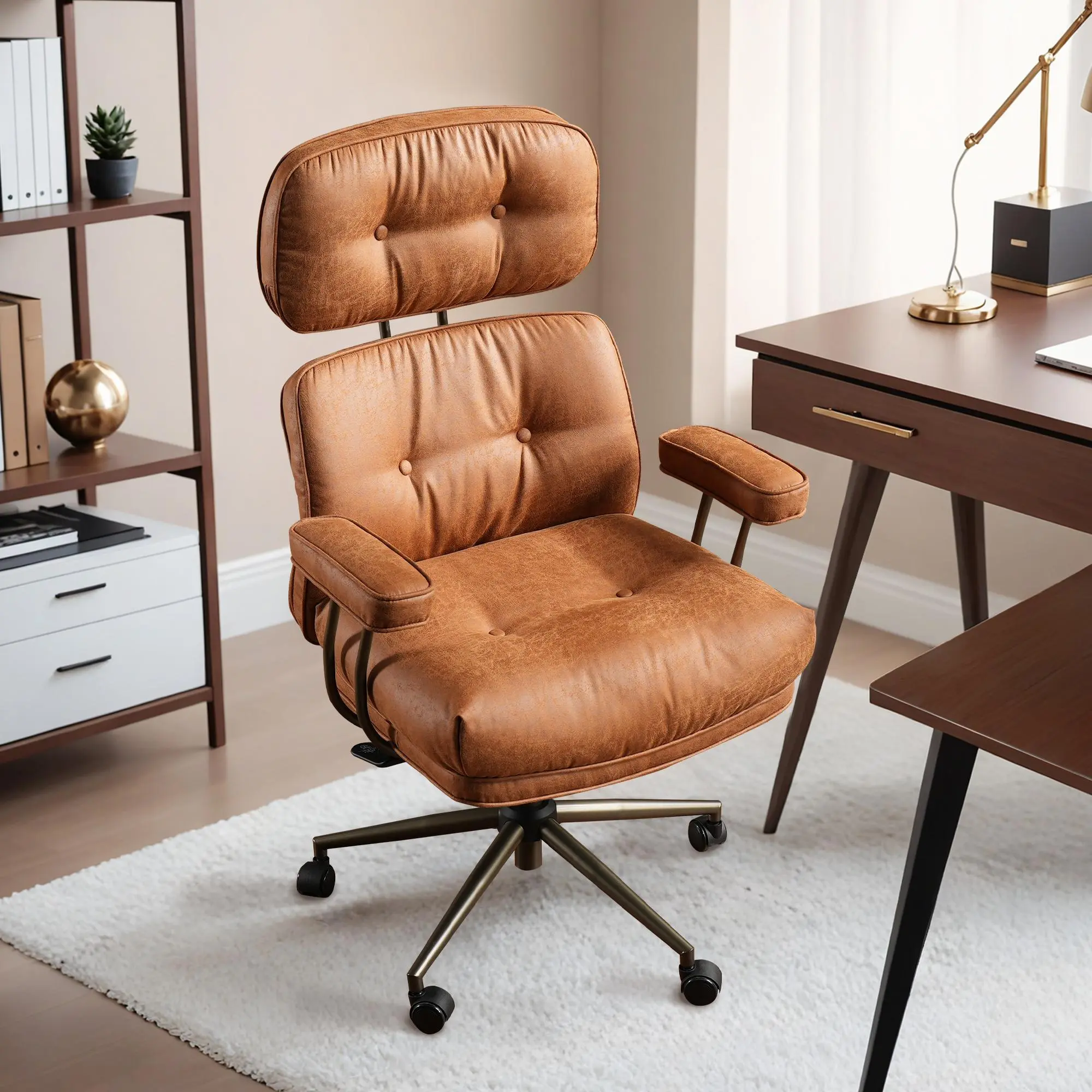 CAODOC Extra Wide Ergonomic Office Chair with Adjustable Lumbar Support, Big & Tall Comfort Faux Leather Computer Chair Mid-Century Modern Rolling Armchair for Home Office