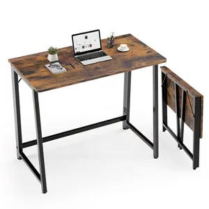 Folding Computer Desk, 31.5 Inch Compact Foldable Writing Workstation for Small Spaces, Easy Assembly Space-Saving Home Office Table, Oak Finish,Antique wood