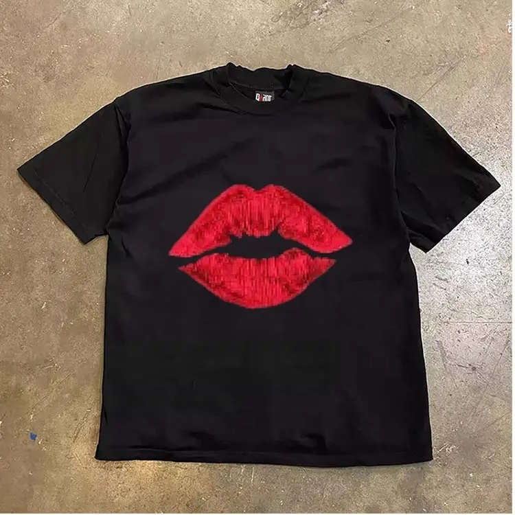 Black Red Lips Graphic Oversized T-Shirt | Aesthetic Unisex Streetwear Tee | 100% Cotton Short Sleeve Loose Fit Shirt for Men & Women | Casual Daily Fashion Top | SKU abcdefghij