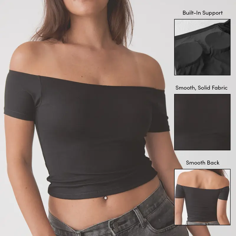 klassy Braless Solid Off the Shoulder Short Sleeve Womenswear Top Comfort