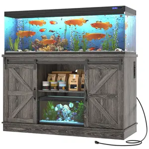 Farmhouse 20 Gallon/30-40 Gallon/55-75 Gallon/75-120 Gallon Fish Tank Stand with Power Outlet, Aquarium Stand with Cabinet&Sliding Barn Door, Heavy Duty Reptile Tank Stand for Fish Tank/Turtle Tank/Reptile Terrarium, White/Grey/Black