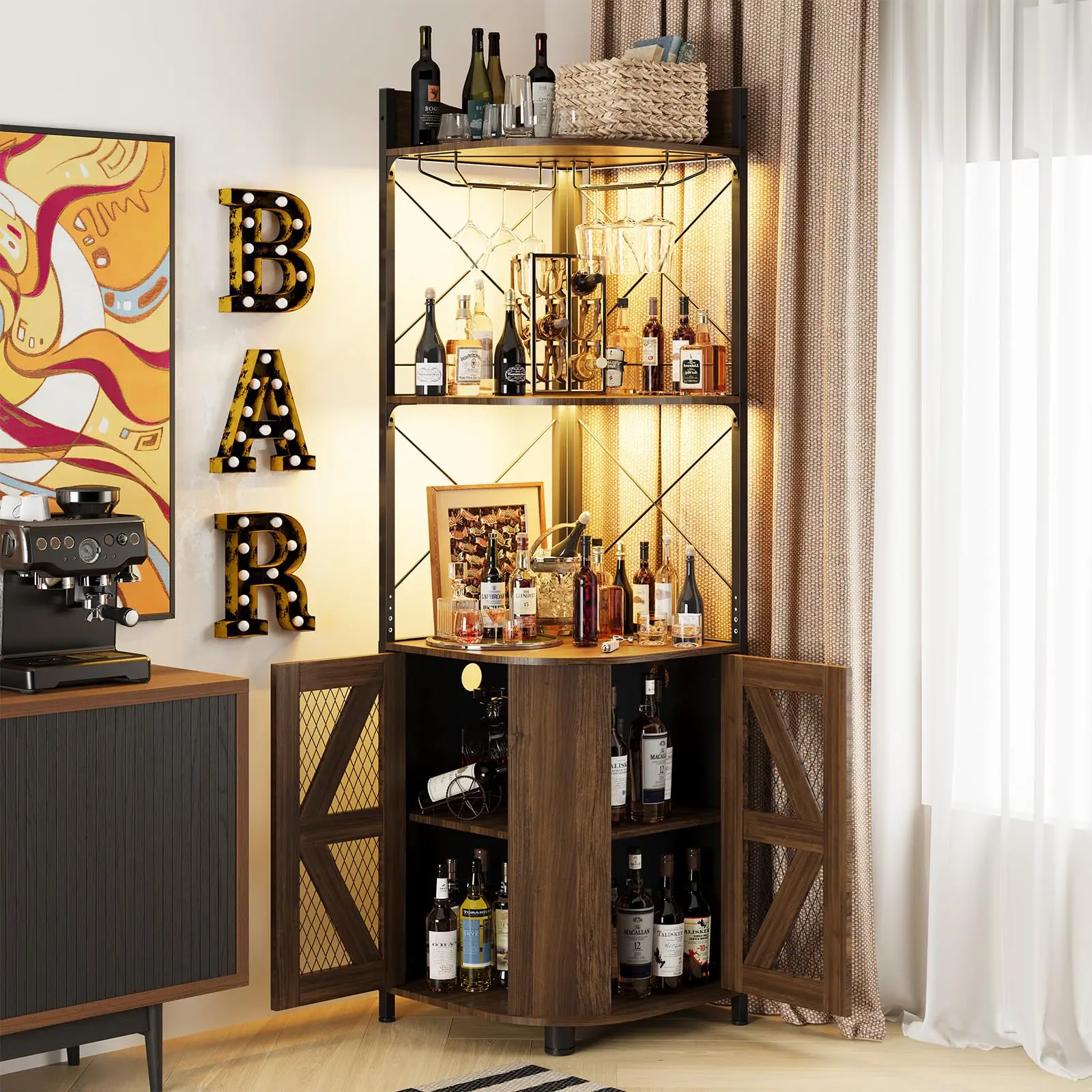 Corner Bar Cabinet with LED Light, Power Outlet, 5-Tiers Industrial Wine Bar Cabinet, Dark Walnut Glass Holder for Living Room, Dining Room & Kitchen