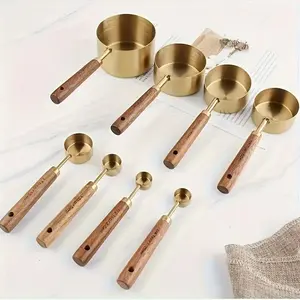 8-piece set of Acacia wood handle measuring cups and spoons, gold/silver/black stainless steel measuring cups and spoons, suitable for dry and liquid ingredients, can be used for Christmas baking and cooking durable Kitchenware tools and utensils.