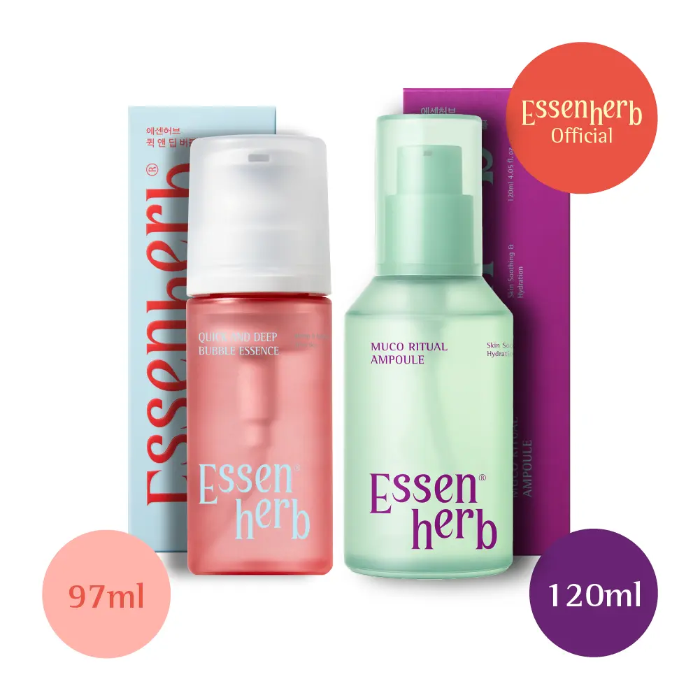 Essenherb Quick & Deep Bubble Serum Essence + Muco Ritual Ampoule Duo – Korean Skincare Hydration Set with Bubble Essence & 95% Aloe Serum for Plump, Radiant-Looking Skin (3.28 fl oz + 1.69 fl oz)