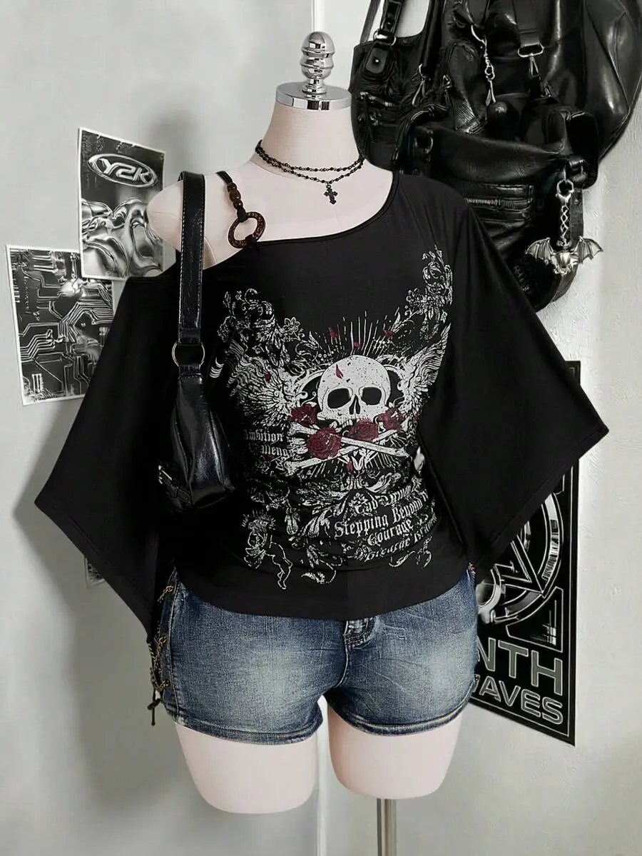 Women's Plus Size Y2K Whimsical Dark Gothic Rose Skull Pattern Black T-Shirt,Off-Shoulder Flared Sleeve Slim Fit Top For Summer 2000's Concert Night