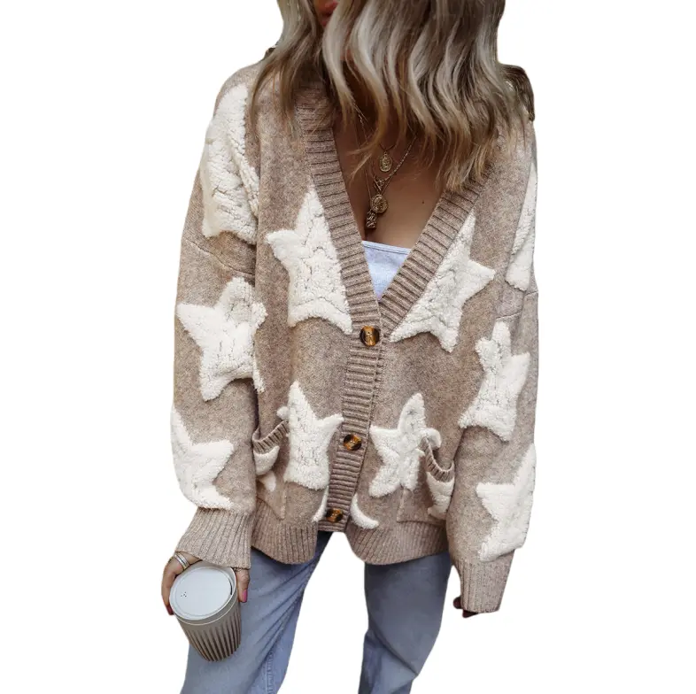Asvivid Women's Sherpa Star Printed Casual Long Sleeve Oversize Textured Button Front Cardigans Sweater With Pocket Cardigan Woman Outfit Style Knitwear Tops sohochic